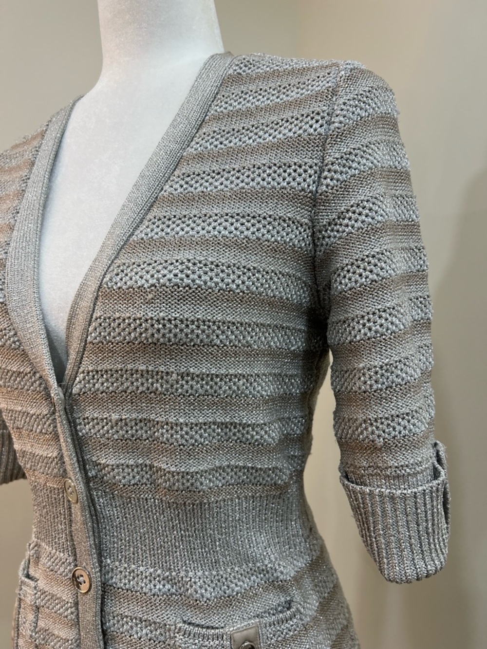 WHBM White House Black Market Silver Metallic Knit Cardigan Sweater Top Medium - Picture 2 of 8